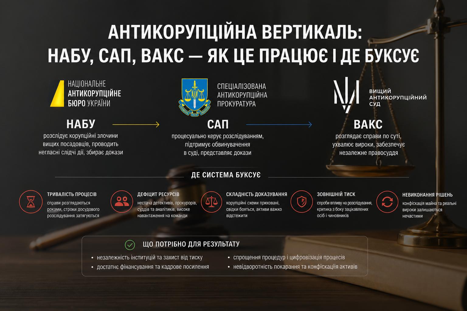Антикорупційна вертикаль: НАБУ, САП, ВАКС — як це працює і де буксує. Де система буксує