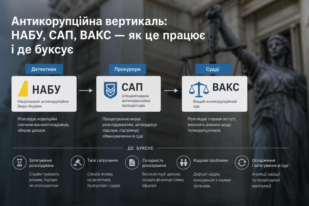 Антикорупційна вертикаль: НАБУ, САП, ВАКС — як це працює і де буксує