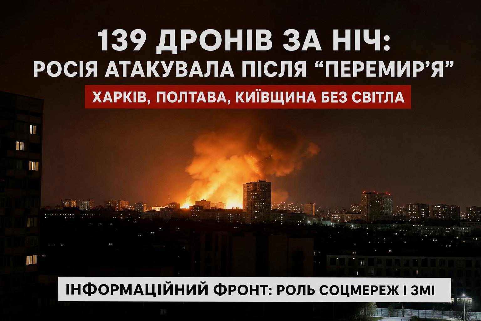 дронів за ніч: Росія атакувала після "перемир'я" — Харків, Полтава, Київщина без світла. Інформаційний фронт: роль соцмереж і ЗМІ дронів за ніч: Росія атакувала після "перемир'я" — Харків, Полтава, Київщина без світла. Інформаційний фронт: роль соцмереж і ЗМІ